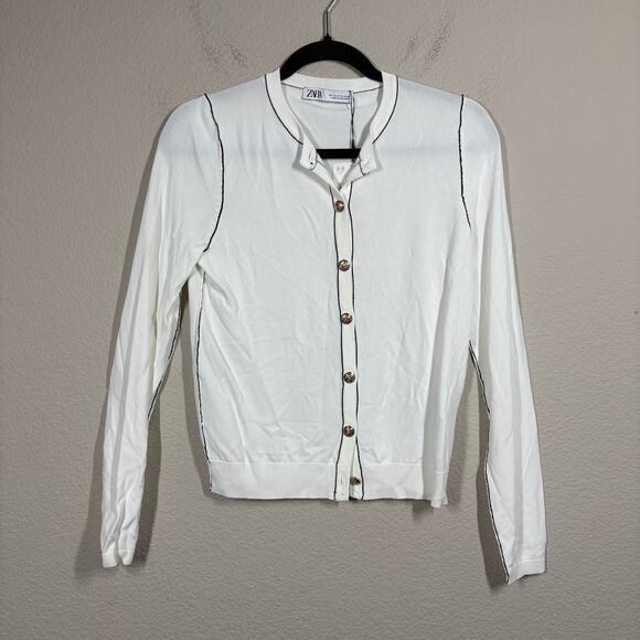 Zara Womens Size Small Cardigan Contrast Trims White Button Up Knit Long Sleeves - Picture 2 of 11